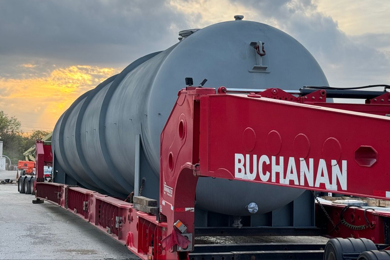 Buchanan Hauling Heavy Haul Division transporting a tank to be used to store liquids or gas. Buchanan Hauling Heavy Haul Division transporting a tank to be used to store liquids or gas.