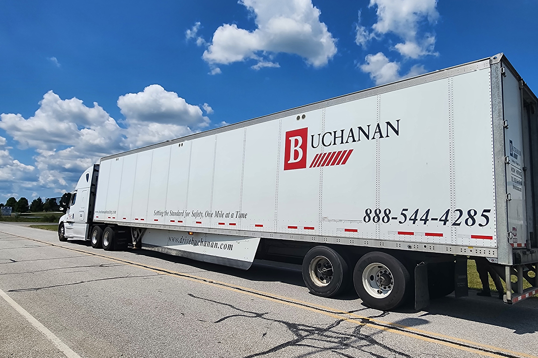 Buchanan Hauling and Rigging dry van is loaded up with retail consumer freight for delivery to a store.